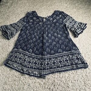 Lucky Brand Boho Peasant Top XL Blue White Bell Sleeve Gauze